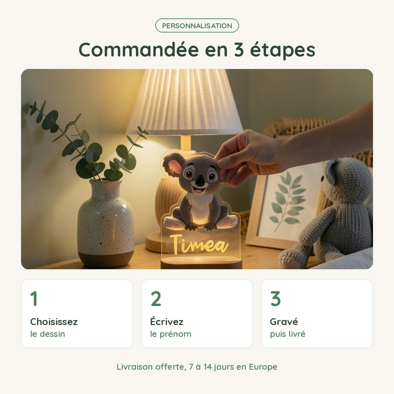 Veilleuse koala personnalisée commandée en 3 étapes : dessin, prénom, gravure et livraison offerte