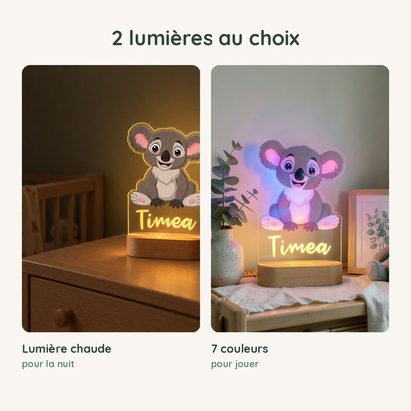 Veilleuse koala personnalisée en lumière chaude pour la nuit ou en 7 couleurs pour jouer