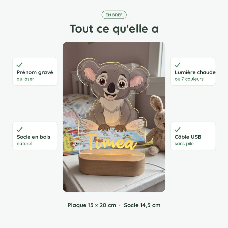 Veilleuse koala personnalisée en bref : prénom gravé, socle en bois, lumière chaude ou 7 couleurs, USB sans pile