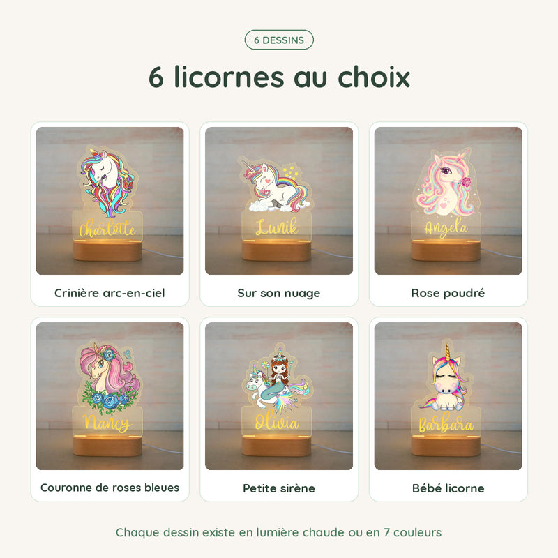 Les dessins de la veilleuse licorne personnalisée, chacun en lumière chaude ou 7 couleurs