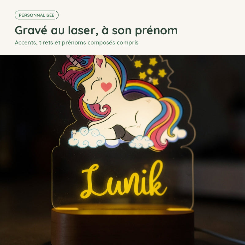 Prénom gravé au laser sur la veilleuse licorne personnalisée, accents et prénoms composés compris