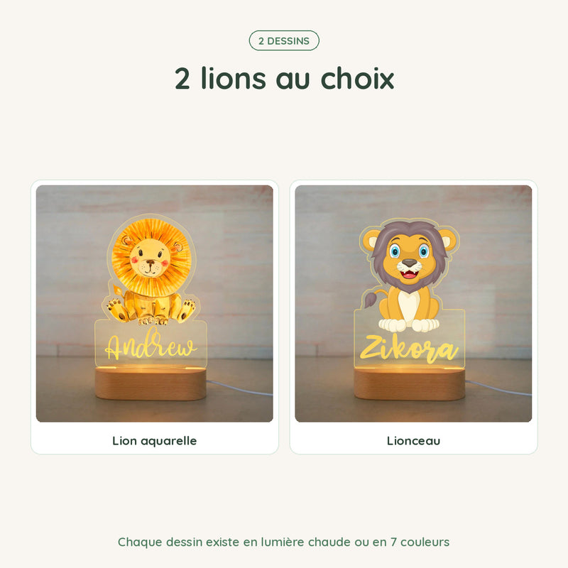 Les dessins de la veilleuse lion personnalisée, chacun en lumière chaude ou 7 couleurs