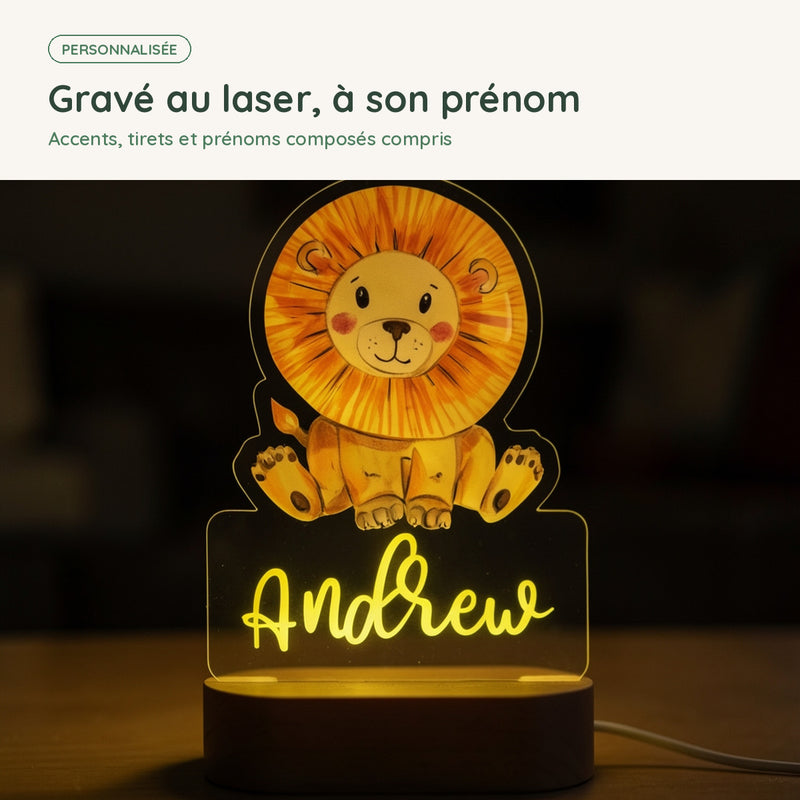 Prénom gravé au laser sur la veilleuse lion personnalisée, accents et prénoms composés compris