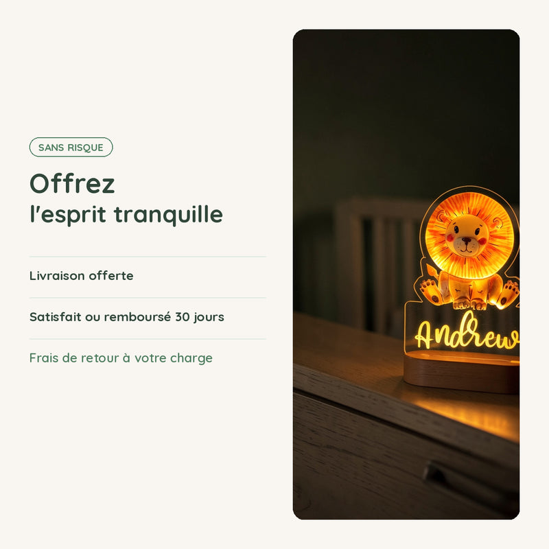 Veilleuse lion personnalisée : livraison offerte, satisfait ou remboursé 30 jours