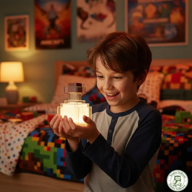 Enfant souriant tenant la veilleuse Minecraft potion dans ses mains, idée cadeau idéale pour fan de jeu vidéo.