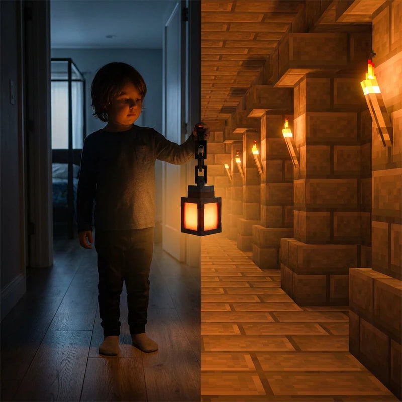 Transition magique d'un enfant utilisant la veilleuse nomade lanterne Minecraft dans un couloir sombre vers une forteresse virtuelle sécurisante.