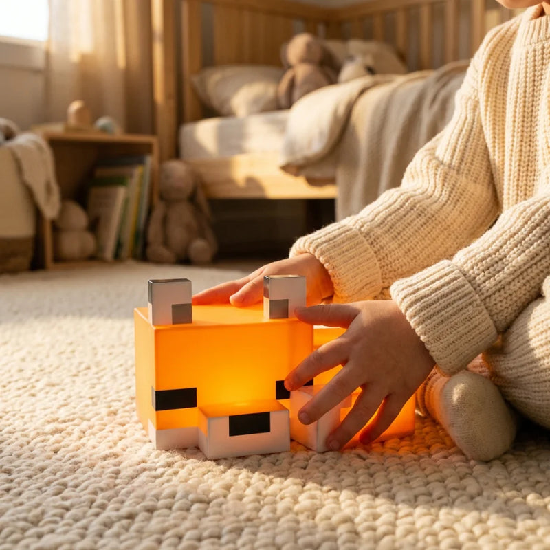 Mains d'un enfant tenant la veilleuse nomade Minecraft renard, un compagnon lumineux rassurant pendant le rituel du coucher.