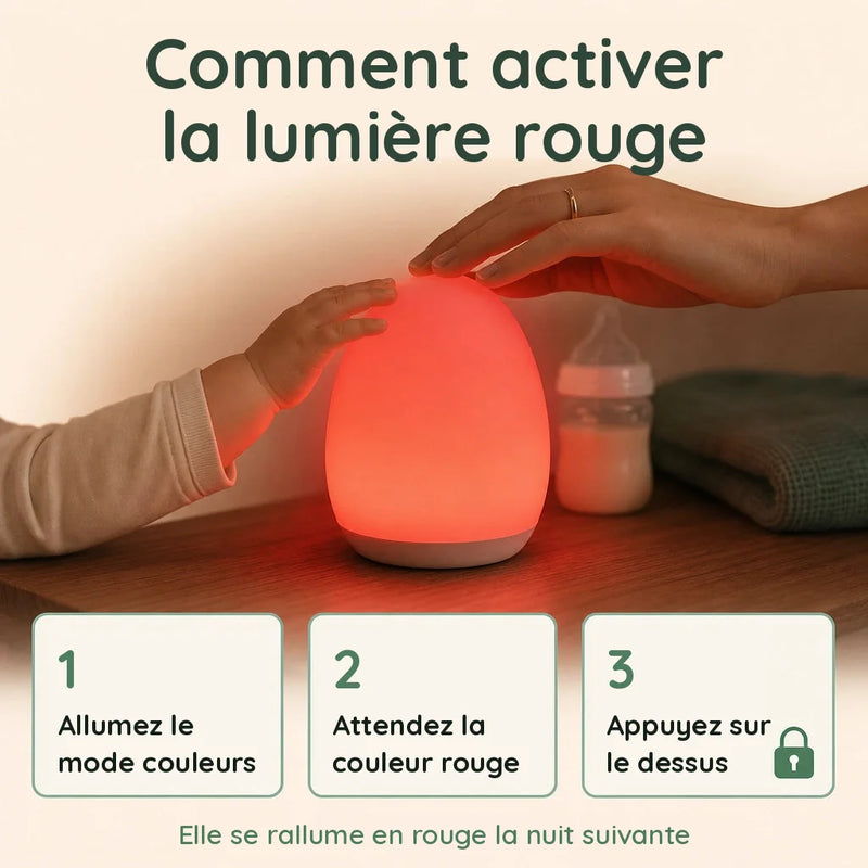 Veilleuse oeuf bébé : activer la lumière rouge en 3 étapes, mode couleurs puis appui sur le dessus, Tendre Veilleuse