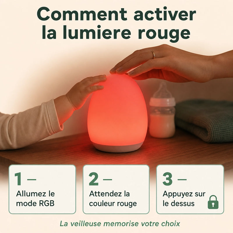 Veilleuse oeuf bébé : comment activer la lumière rouge en 3 étapes — mode RGB, attendre la couleur rouge, appuyer sur le dessus pour verrouiller — Tendre Veilleuse