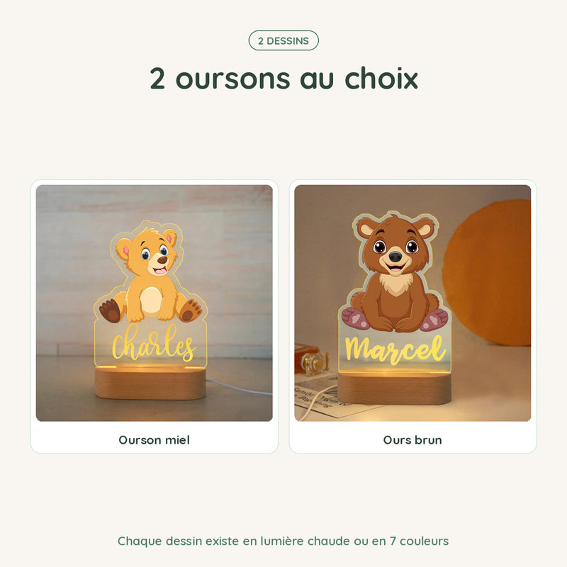 Les dessins de la veilleuse ourson personnalisée, chacun en lumière chaude ou 7 couleurs
