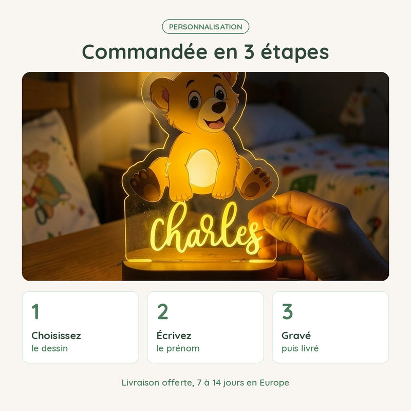 Veilleuse ourson personnalisée commandée en 3 étapes : dessin, prénom, gravure et livraison offerte