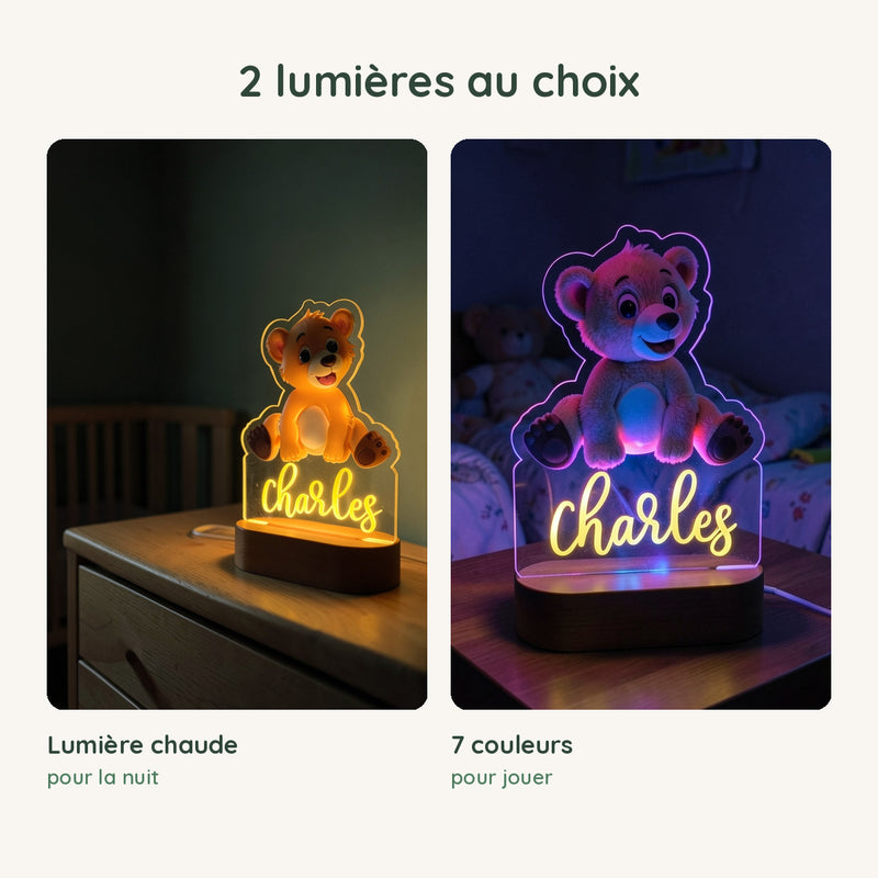Veilleuse ourson personnalisée en lumière chaude pour la nuit ou en 7 couleurs pour jouer