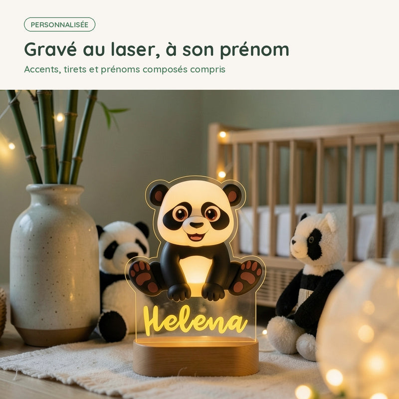 Prénom gravé au laser sur la veilleuse panda personnalisée, accents et prénoms composés compris
