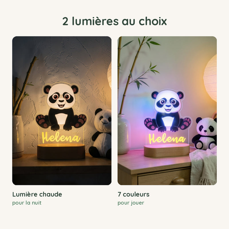 Veilleuse panda personnalisée en lumière chaude pour la nuit ou en 7 couleurs pour jouer