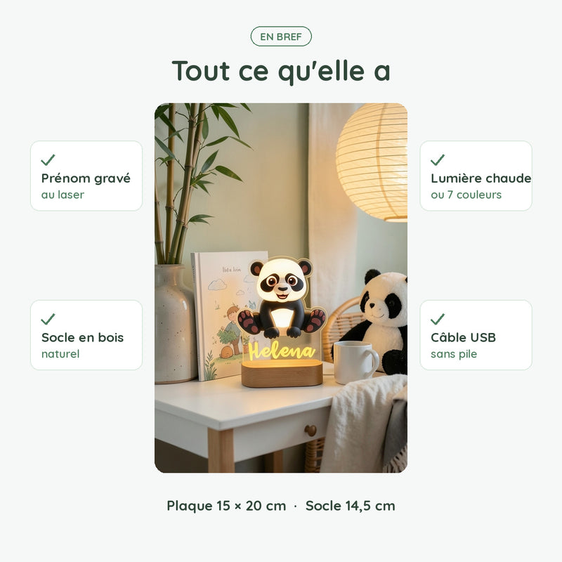 Veilleuse panda personnalisée en bref : prénom gravé, socle en bois, lumière chaude ou 7 couleurs, USB sans pile