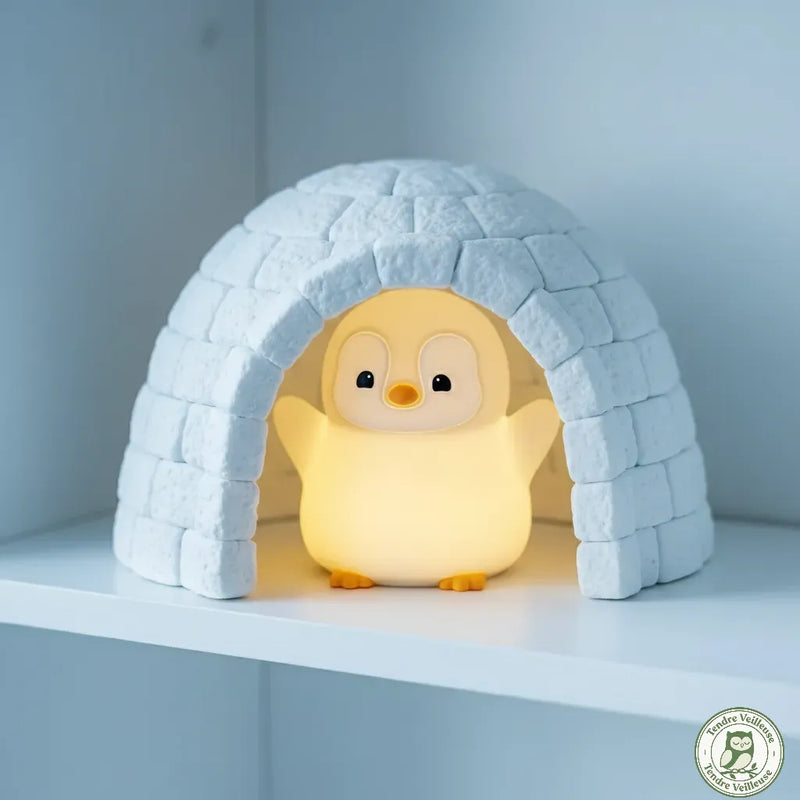 Veilleuse pingouin bébé Pingo allumée sous igloo décoratif, lumière chaude 2700K, silicone souple sans BPA, Tendre Veilleuse