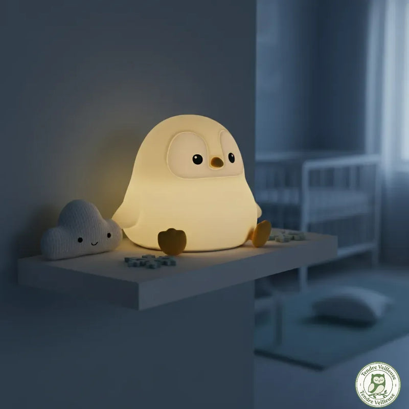 Veilleuse pingouin Pongo grand format en ambiance nocturne chambre bébé, lumière chaude douce sommeil, certifiée CE sans BPA, Tendre Veilleuse