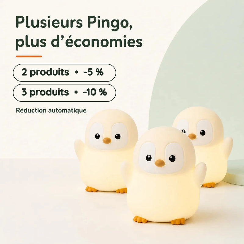 Trois veilleuses pingouin Pingo illustrant les remises automatiques de 5 % dès 2 produits et 10 % dès 3, Tendre Veilleuse