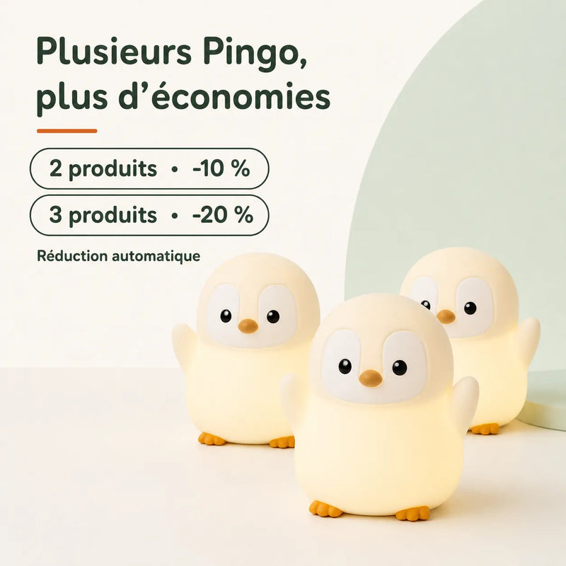 Trois veilleuses pingouin Pingo illustrant les remises automatiques de 10 % et 20 %, Tendre Veilleuse