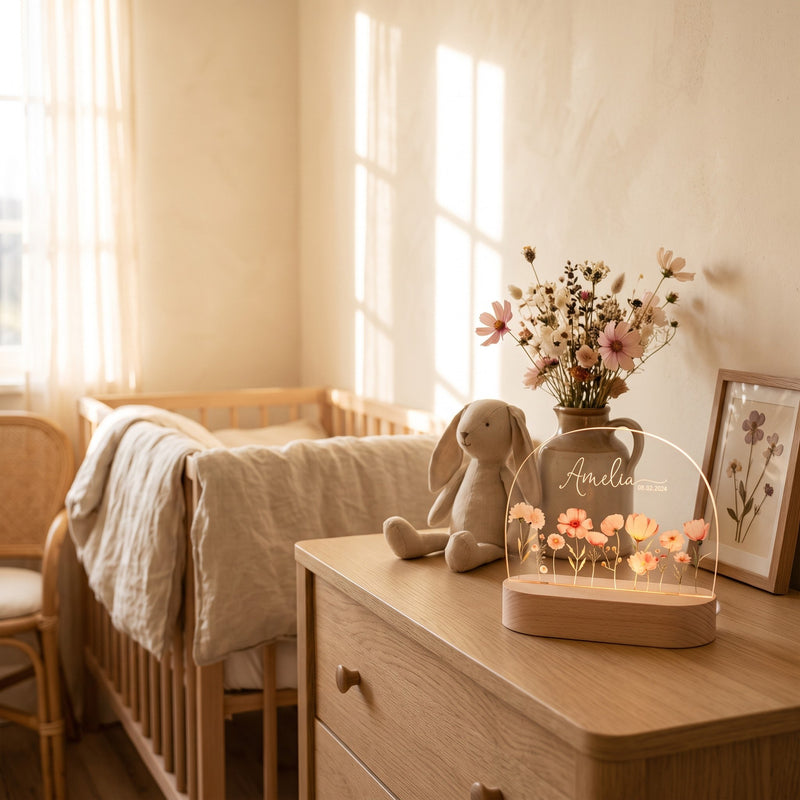 Veilleuse prénom date de naissance dans une chambre en journée