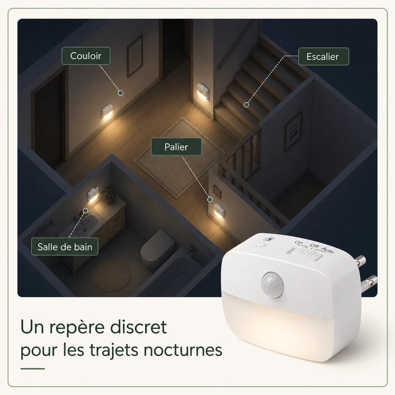 Veilleuse prise détecteur mouvement PIR pour couloir escalier palier et salle de bain de nuit, Tendre Veilleuse