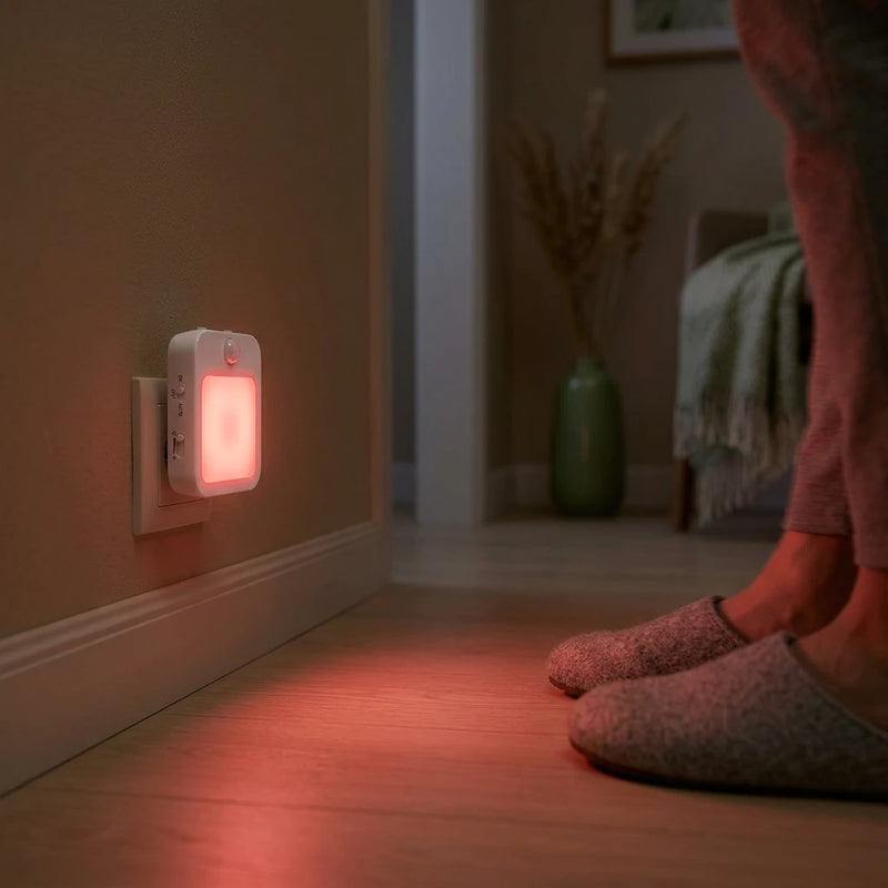 Veilleuse prise lumière rouge dans un couloir la nuit pour guider un passage nocturne Tendre Veilleuse