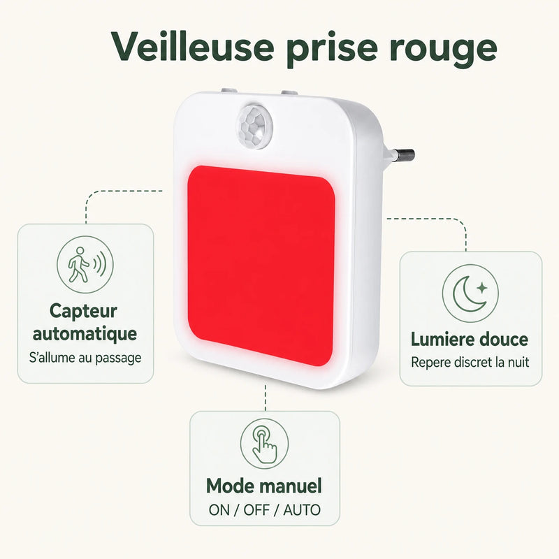 Infographie veilleuse prise rouge avec capteur automatique, lumière douce et modes ON OFF AUTO Tendre Veilleuse
