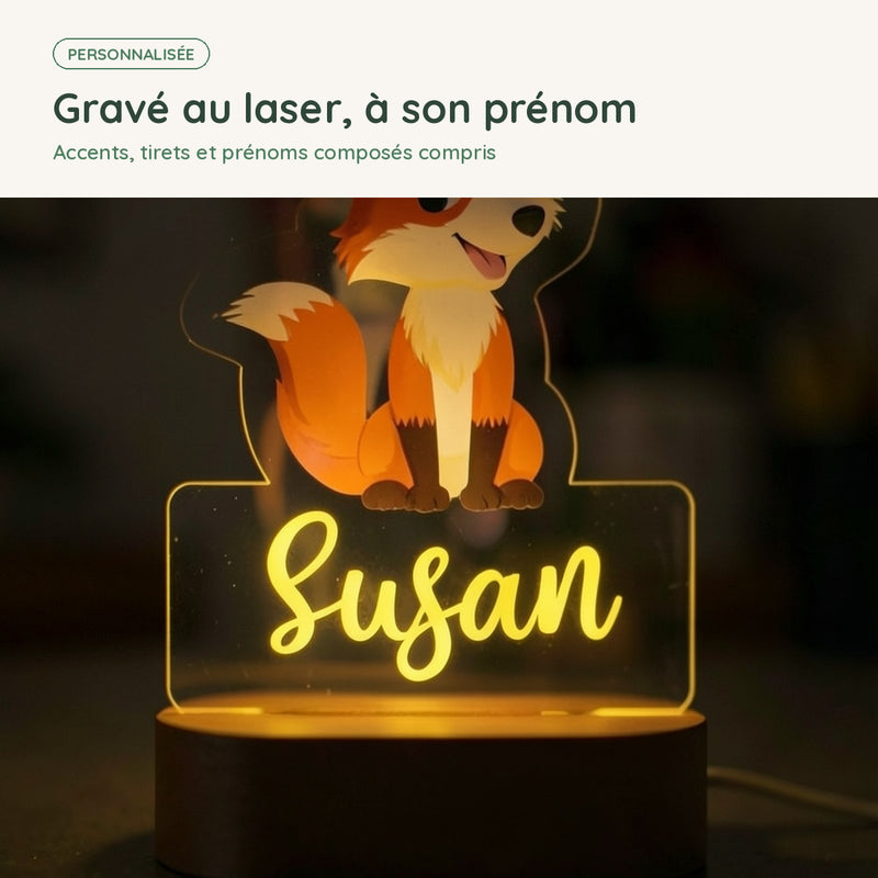 Prénom gravé au laser sur la veilleuse renard personnalisée, accents et prénoms composés compris