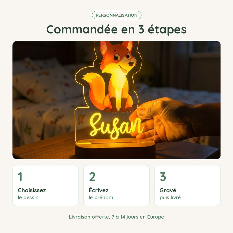 Veilleuse renard personnalisée commandée en 3 étapes : dessin, prénom, gravure et livraison offerte