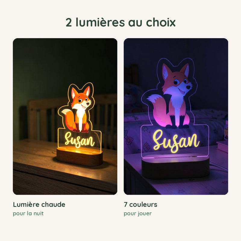 Veilleuse renard personnalisée en lumière chaude pour la nuit ou en 7 couleurs pour jouer