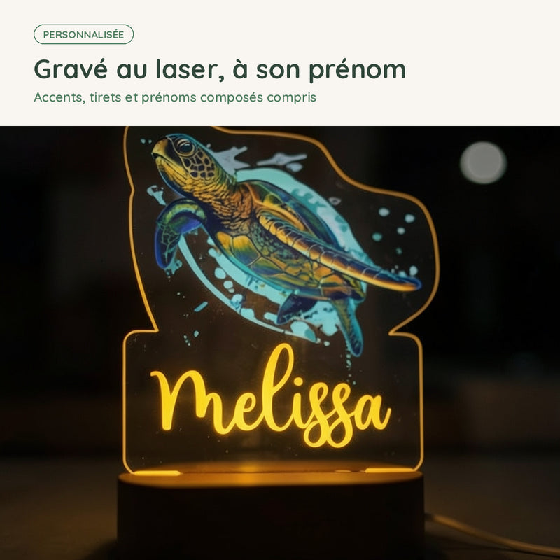 Prénom gravé au laser sur la veilleuse tortue personnalisée, accents et prénoms composés compris