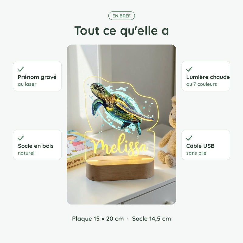 Veilleuse tortue personnalisée en bref : prénom gravé, socle en bois, lumière chaude ou 7 couleurs, USB sans pile