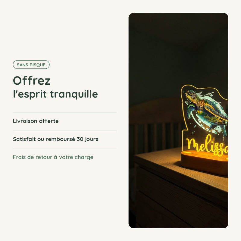 Veilleuse tortue personnalisée : livraison offerte, satisfait ou remboursé 30 jours