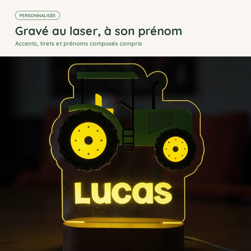 Prénom gravé au laser sur la veilleuse tracteur personnalisée, accents et prénoms composés compris