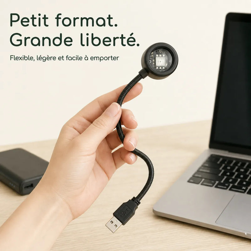 Lampe USB compacte tenue dans une main pres d un ordinateur portable, format nomade flexible et leger - Tendre Veilleuse