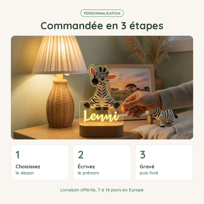 Veilleuse zèbre personnalisée commandée en 3 étapes : dessin, prénom, gravure et livraison offerte