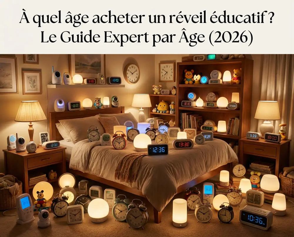 Guide complet pour savoir à quel âge acheter un réveil éducatif (18 mois, 3 ans, 6 ans) afin de réguler le sommeil de l'enfant. Image d'un enfant dormant paisiblement avec un indicateur de lever respectant la physiologie oculaire et le rythme circadien.