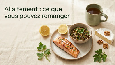 Aliments à éviter pendant l'allaitement, repas varié saumon lentilles fromage sur table claire, Tendre Veilleuse