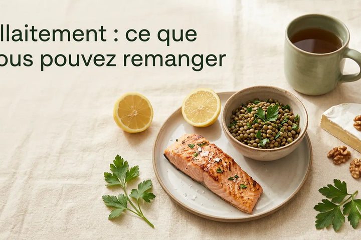 Aliments à éviter pendant l'allaitement, repas varié saumon lentilles fromage sur table claire, Tendre Veilleuse