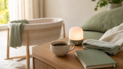 Allaitement et café avec veilleuse maternité lumière rouge près du berceau, guide caféine allaitement