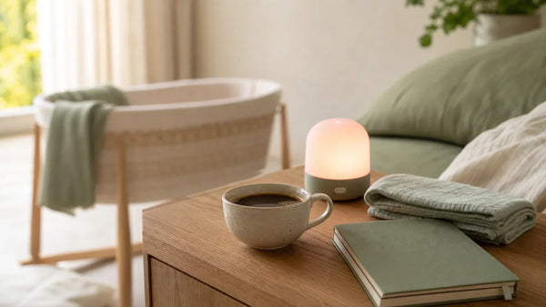 Allaitement et café avec veilleuse maternité lumière rouge près du berceau, guide caféine allaitement