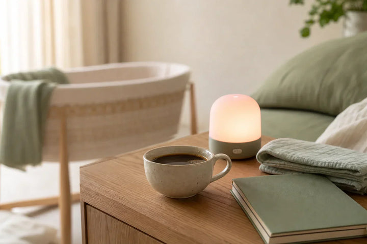Allaitement et café avec veilleuse maternité lumière rouge près du berceau, guide caféine allaitement