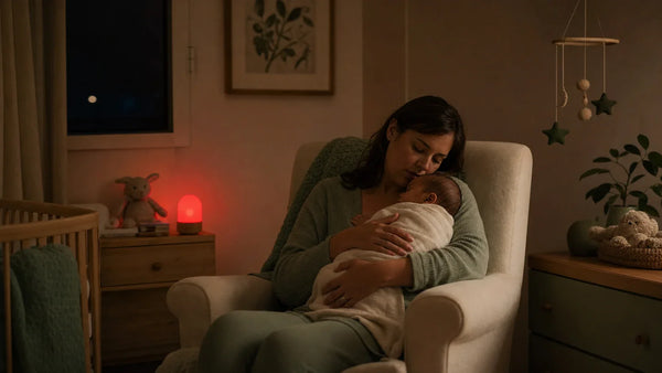 Maman allaitante la nuit sous veilleuse lumière rouge, nicotine et mélatonine du lait maternel