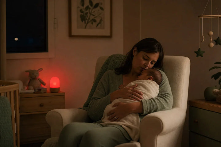 Maman allaitante la nuit sous veilleuse lumière rouge, nicotine et mélatonine du lait maternel
