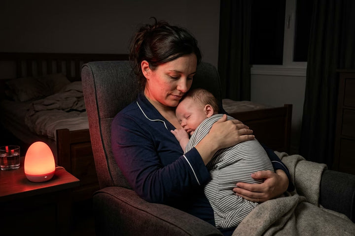 Maman allaitant son bébé la nuit, éclairée par une veilleuse à lumière rouge pour préserver la mélatonine du lait maternel et favoriser le rendormissement.