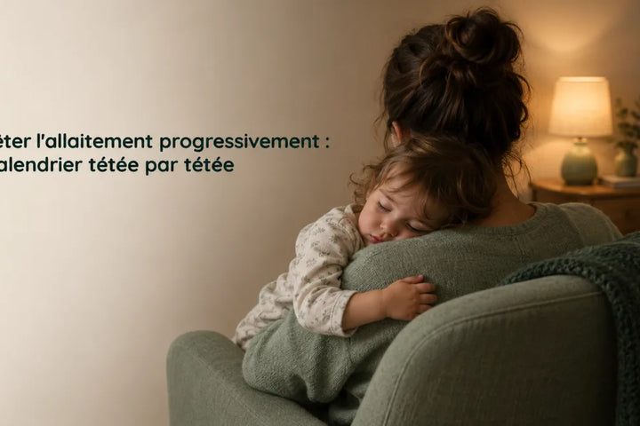 Arrêter l'allaitement progressivement : une mère berce son bambin au coucher sous une petite lampe, Tendre Veilleuse