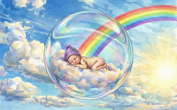 Illustration d'un bébé endormi sur un nuage dans une bulle, devant un arc-en-ciel
