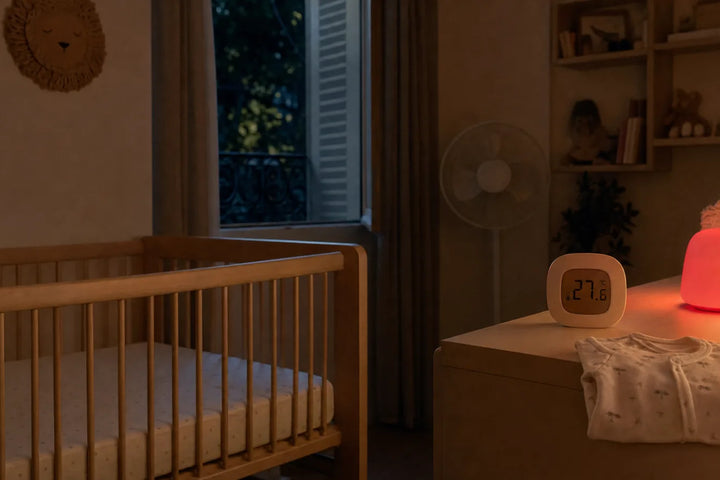 Bébé et chaleur la nuit : chambre bébé à 27 degrés avec veilleuse rouge, ventilateur indirect et lit sécurisé