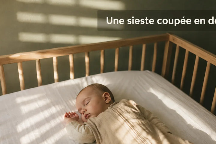 Bébé se réveille après 30 minutes de sieste, chambre en pénombre de jour, volets mi-clos — Tendre Veilleuse