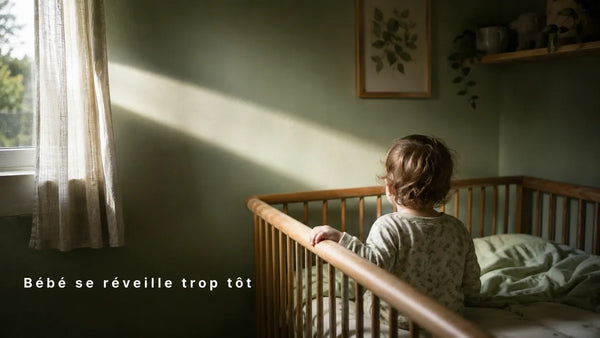 Bébé se réveille trop tôt le matin dans sa chambre à l'aube, filet de lumière du jour par la fenêtre, Tendre Veilleuse